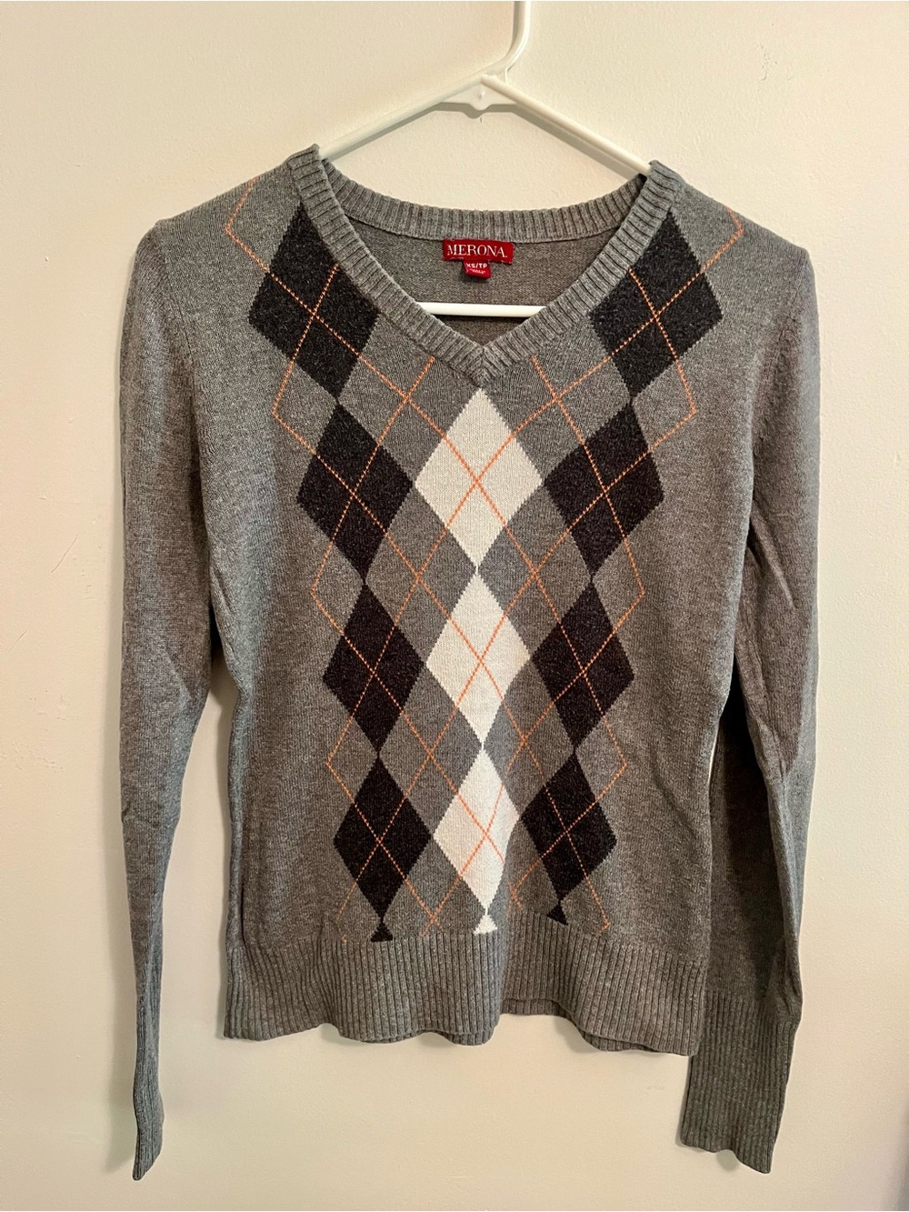 Merona Gray Argyle V-Neck Sweater with Tan Accents